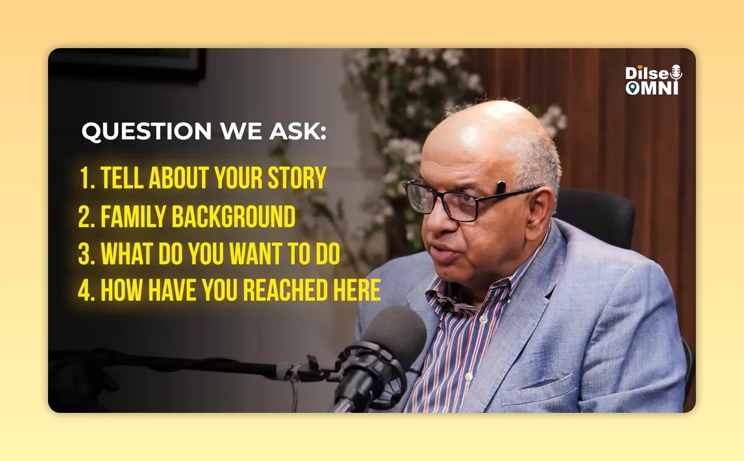 On-screen list of questions about a founder's story background goals journey and purpose