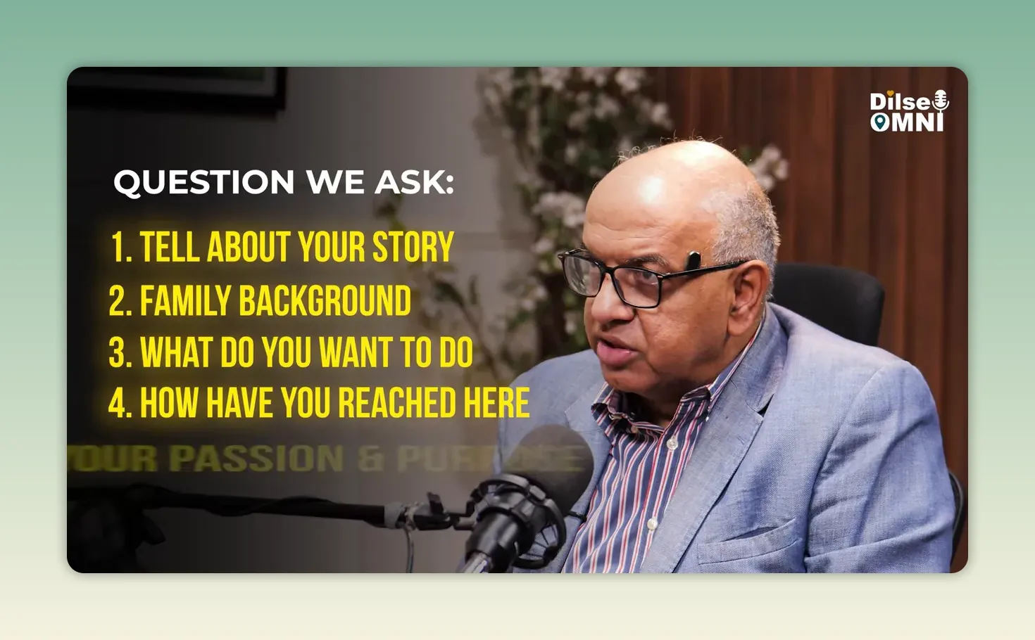 Speaker with on-screen list of questions about story family background goals journey and passion and purpose