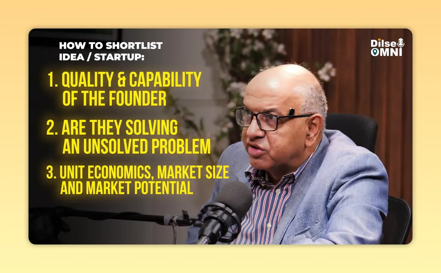 Speaker with on-screen list showing founder quality unsolved problem and unit economics market size and market potential