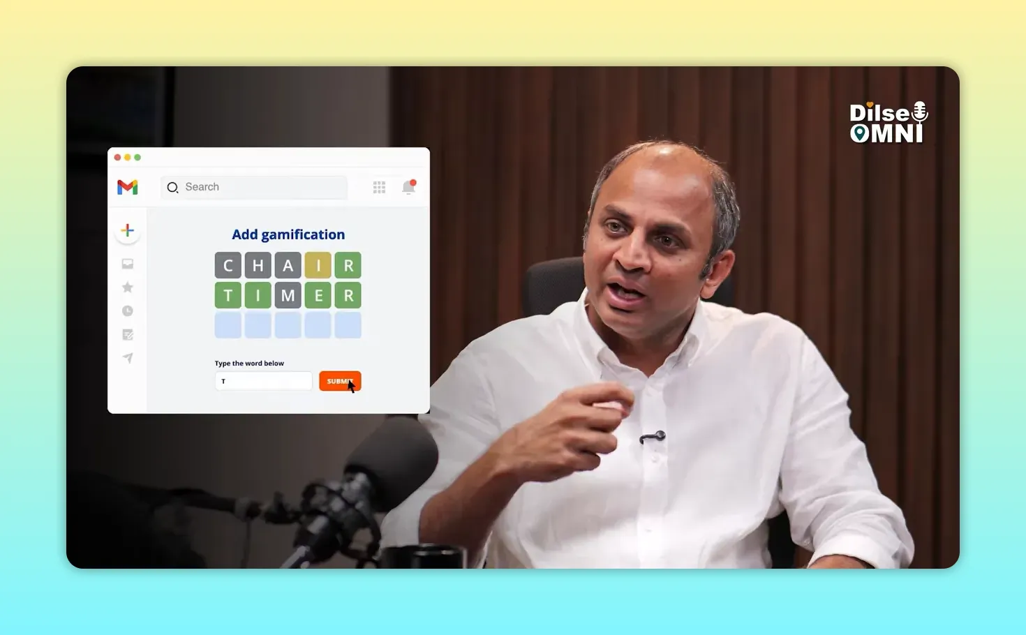 Interactive email interface examples displayed beside the podcast guest