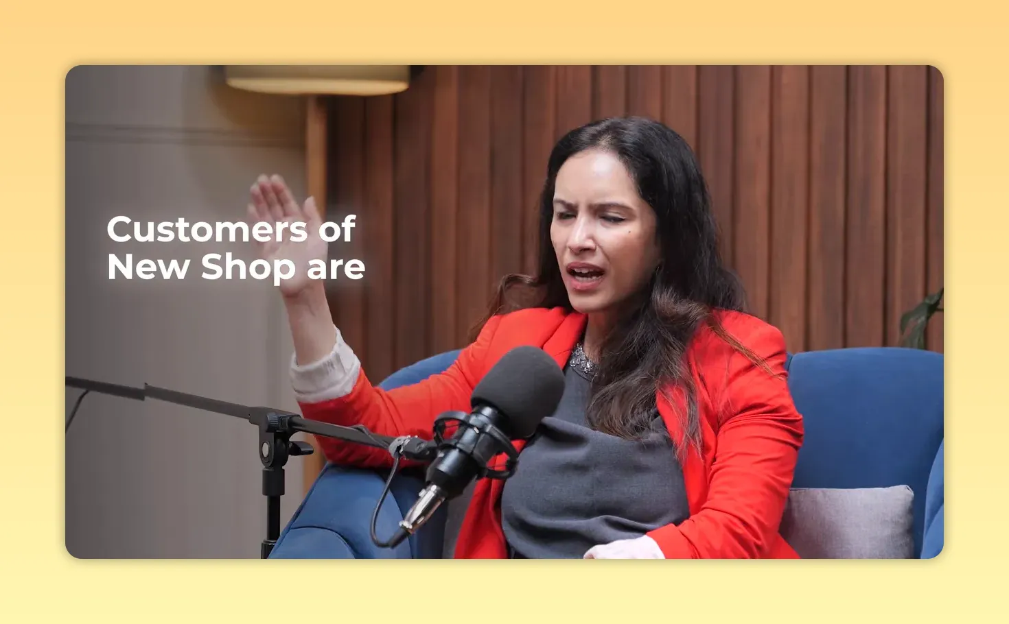 Aastha speaking with bold on-screen text about New Shop customers being generally under the age group of 35