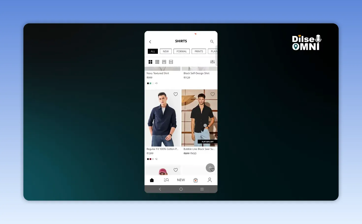 Mobile shopping app interface showing a fashion product grid with shirts and jackets