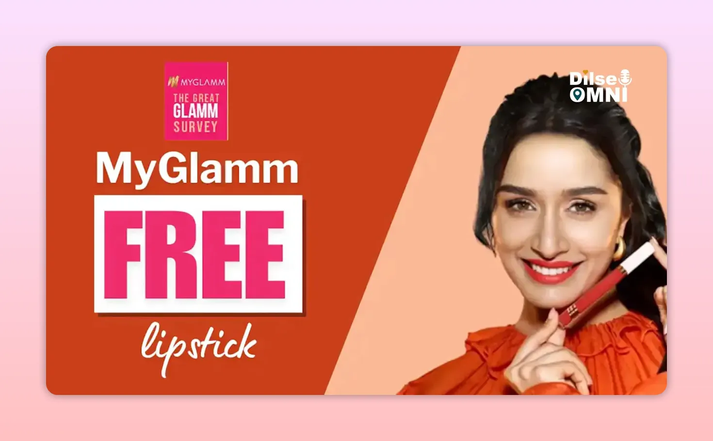 Promotional graphic with MyGlamm free lipstick text and model holding a lipstick