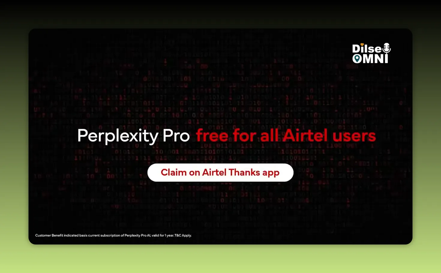 Black promotional screen reading Perplexity Pro free for all Airtel users with claim button