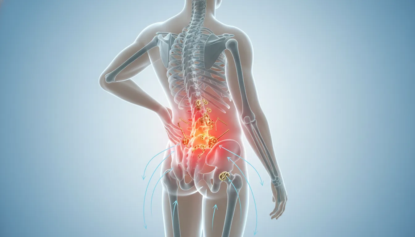 Ilustración médica fotorealista de una persona de espaldas con la columna lumbar resaltada y elementos mecánicos sutiles que muestran compensaciones en caderas y rodillas