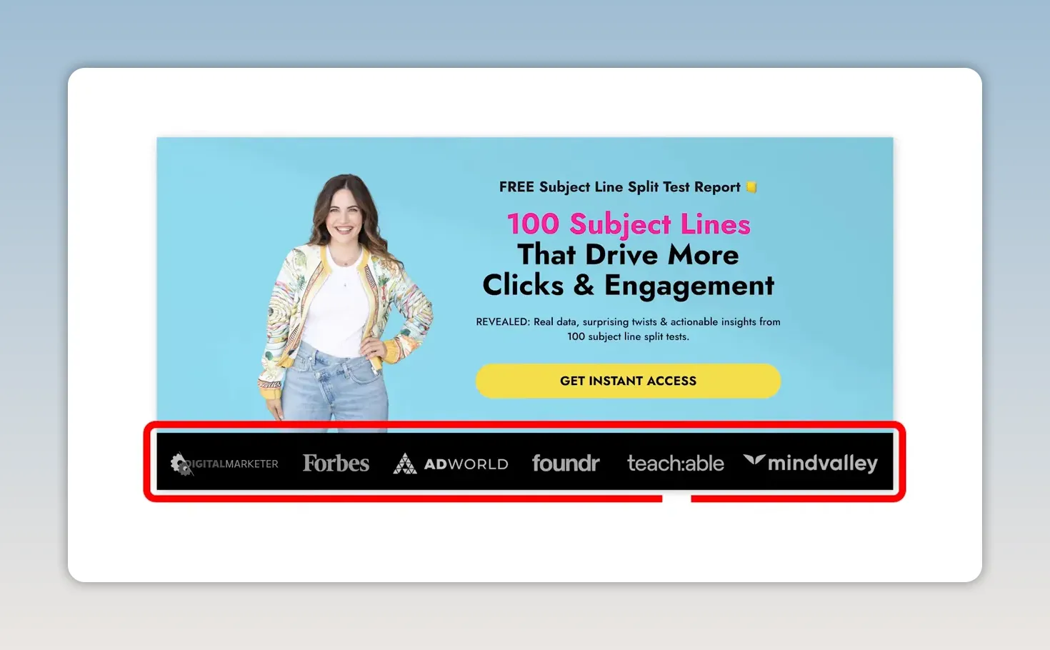 Phần đầu trang tặng báo cáo 100 tiêu đề email với nút truy cập tức thì và dải logo