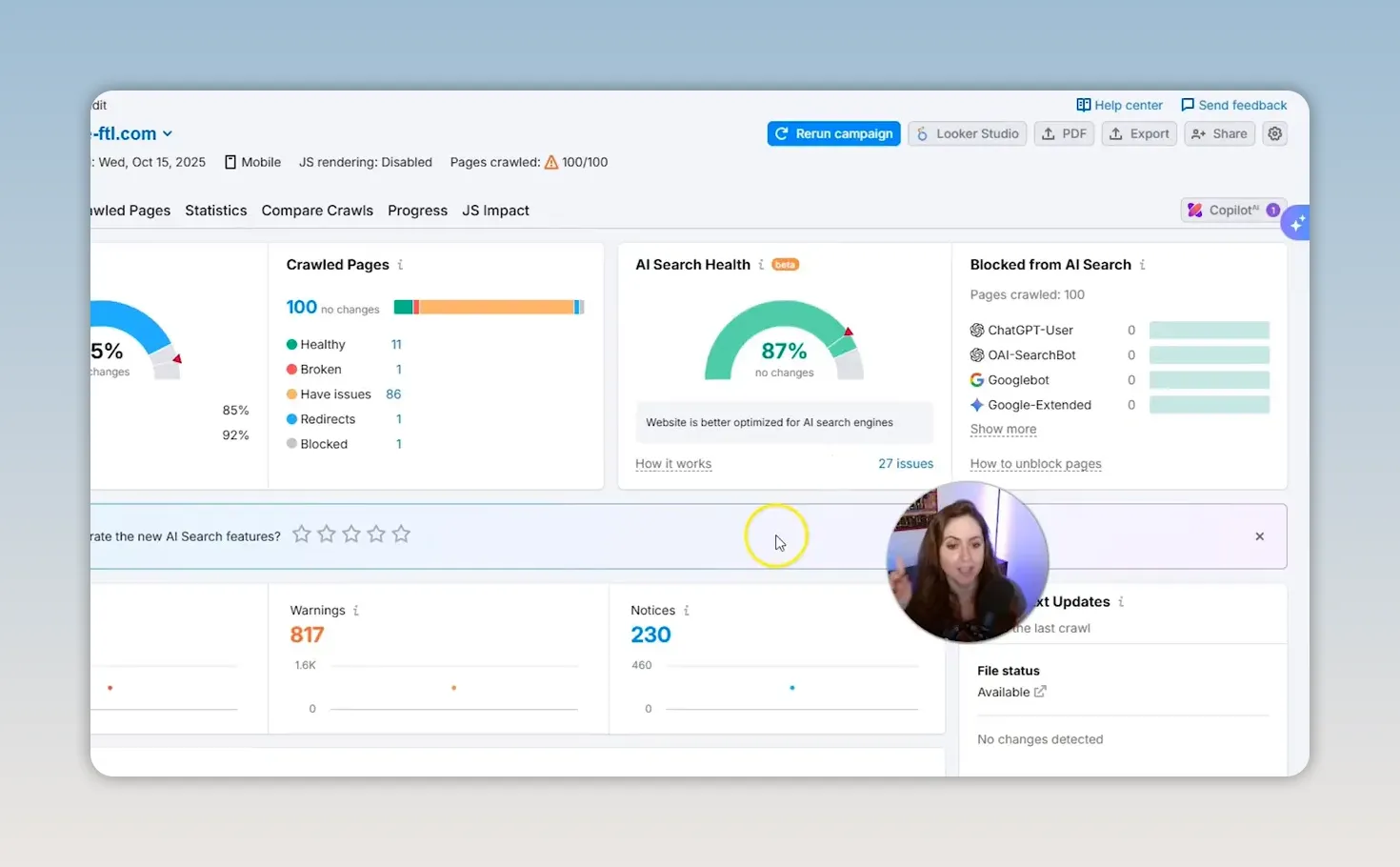 Bảng điều khiển kiểm tra website hiển thị chỉ số sức khỏe tìm kiếm AI và các vấn đề cần xử lý