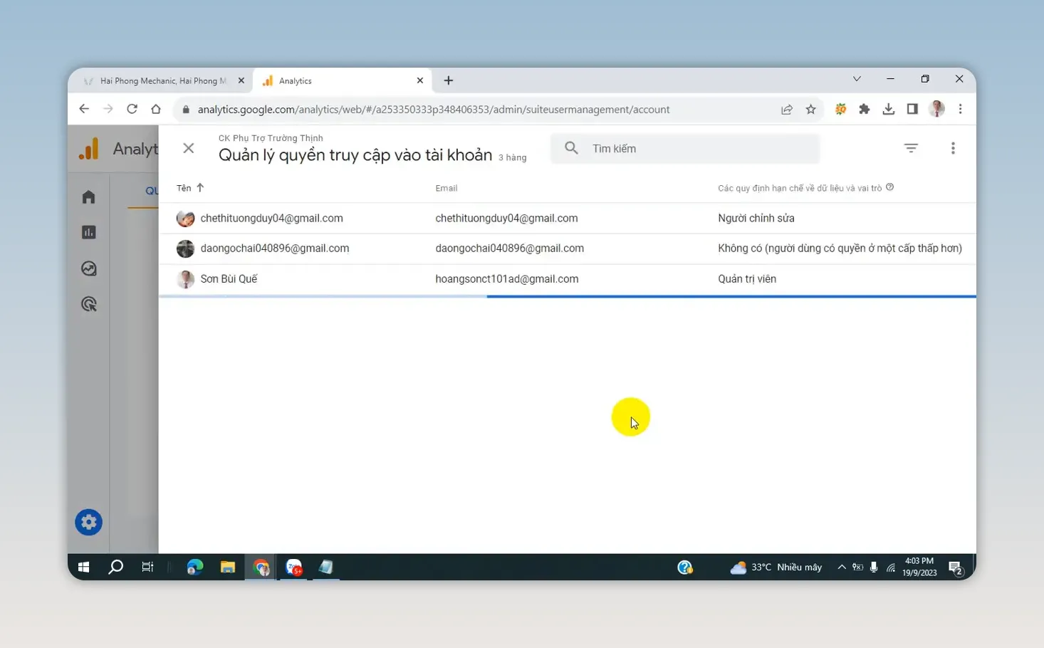 Trang quản lý quyền truy cập tài khoản Google Analytics hiển thị danh sách người dùng