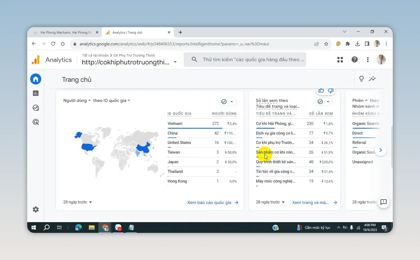 Báo cáo Google Analytics với bản đồ quốc gia và bảng dữ liệu người dùng theo khu vực