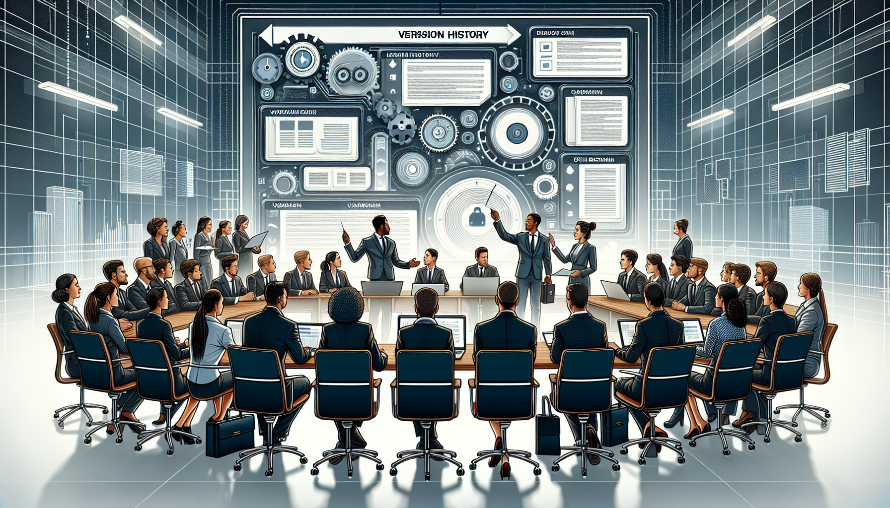 Illustration of a team collaborating over a document using version history features