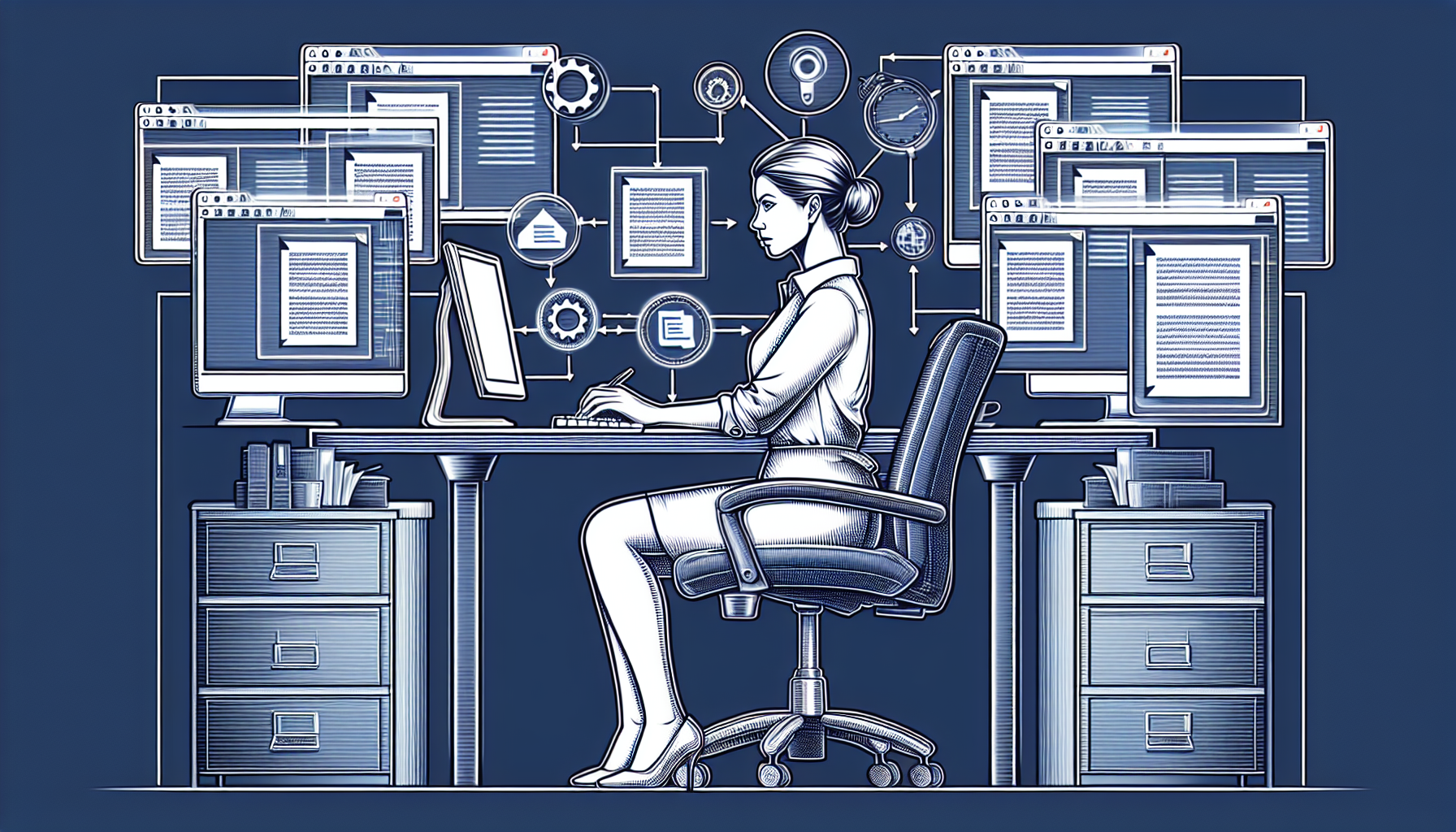 Conceptual image of a person working efficiently with multiple document versions