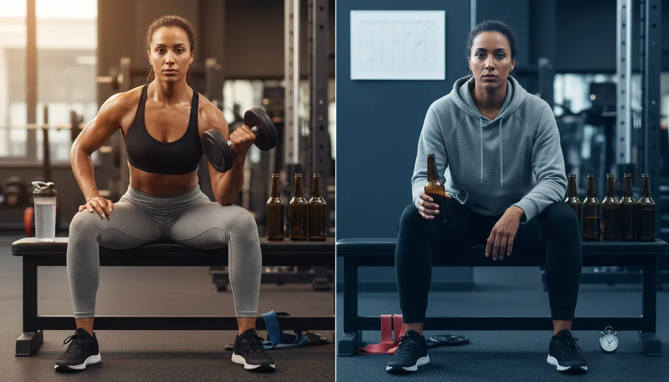 Fitness coach in a gym split between active training and a weary state with seven beer bottles lined up like a timeline, illustrating effects of drinking 35 beers in 7 days
