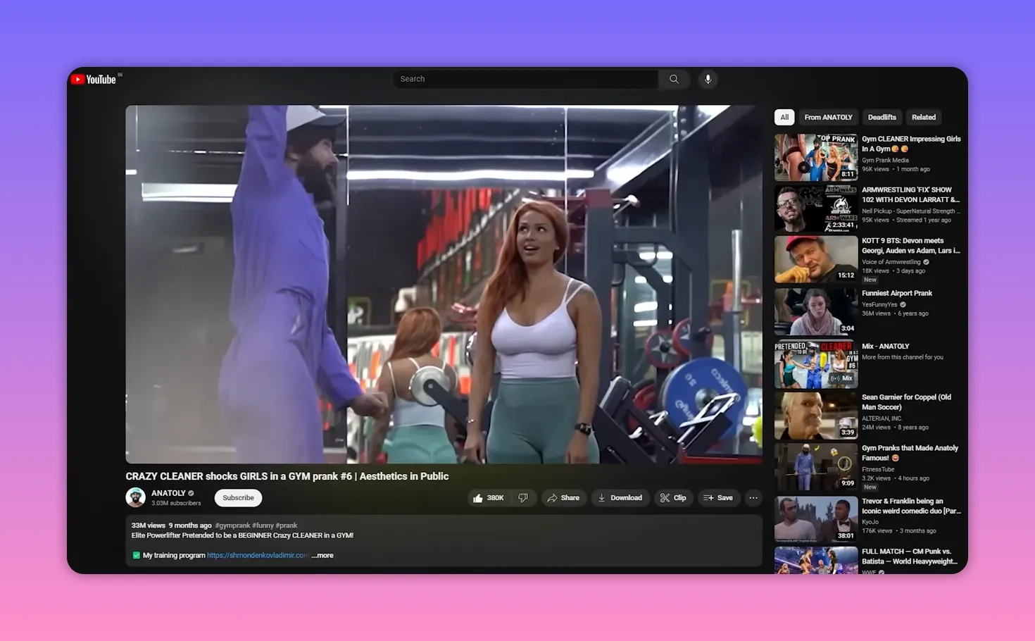 YouTube player screenshot showing Anatoly in a cleaner outfit surprising a female gym-goer