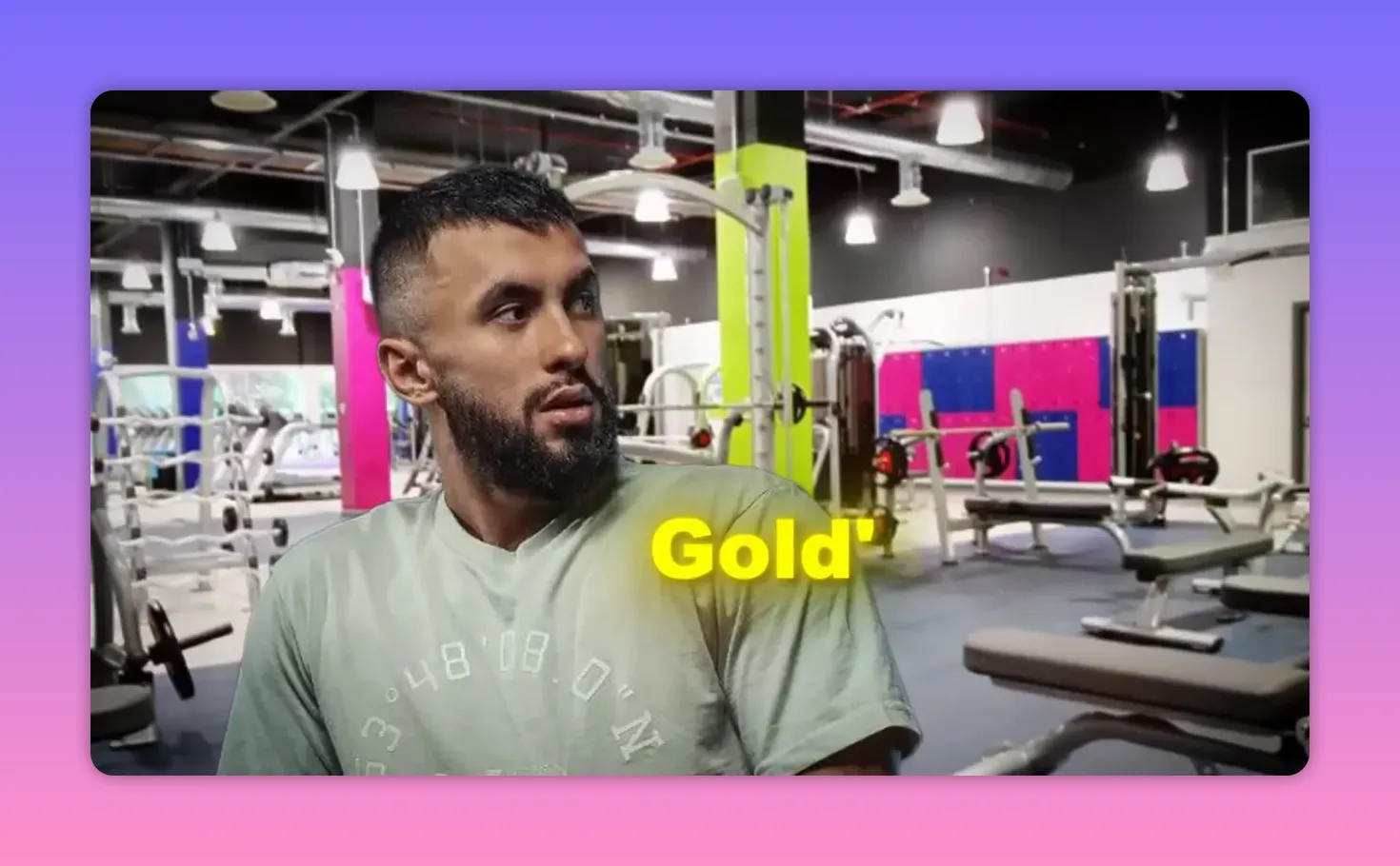 man with beard looking to the side in a gym interior with weight benches and a yellow 'Gold' text overlay