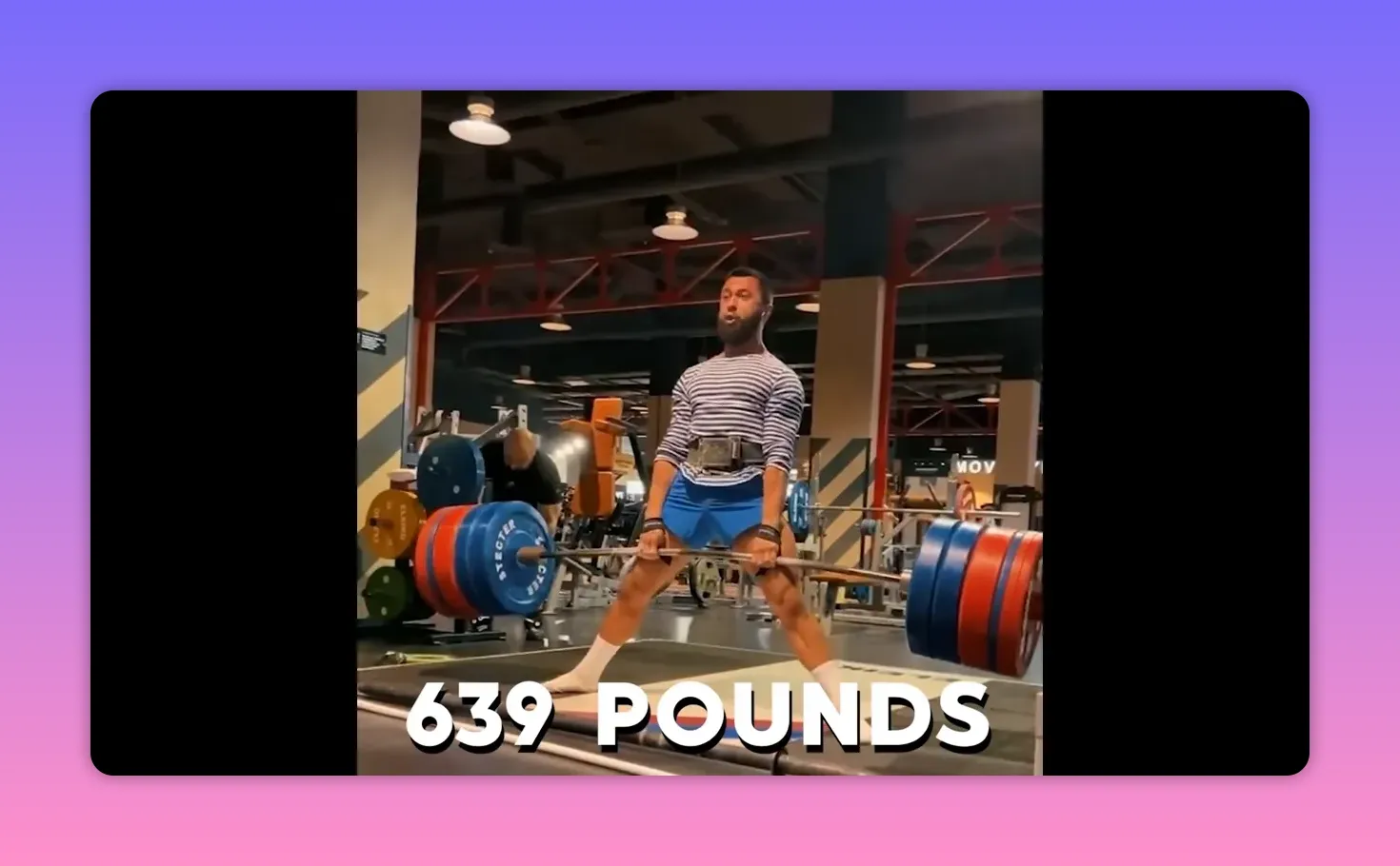 Athlete performing a wide-stance deadlift with large plates and an on-screen '639 POUNDS' label