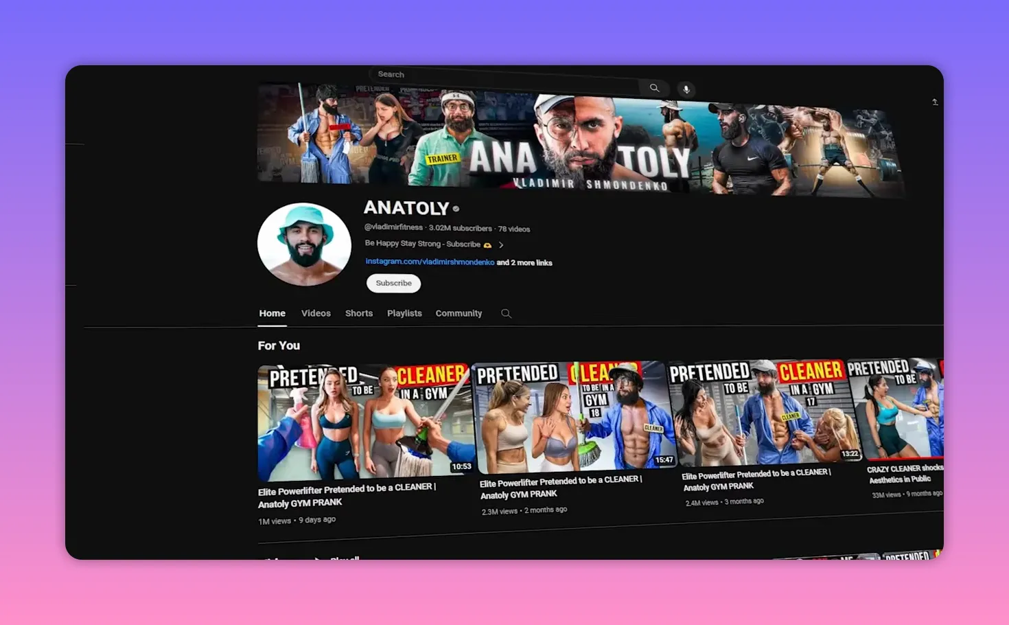 YouTube channel homepage for 'ANATOLY' showing banner, profile image and prank video thumbnails