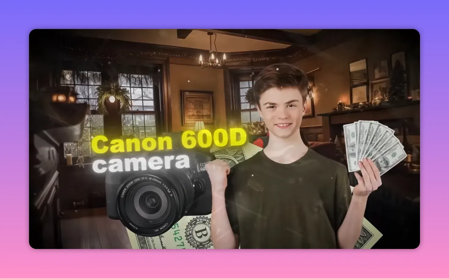 montage showing a Canon 600D camera graphic, cash and a celebrating young person