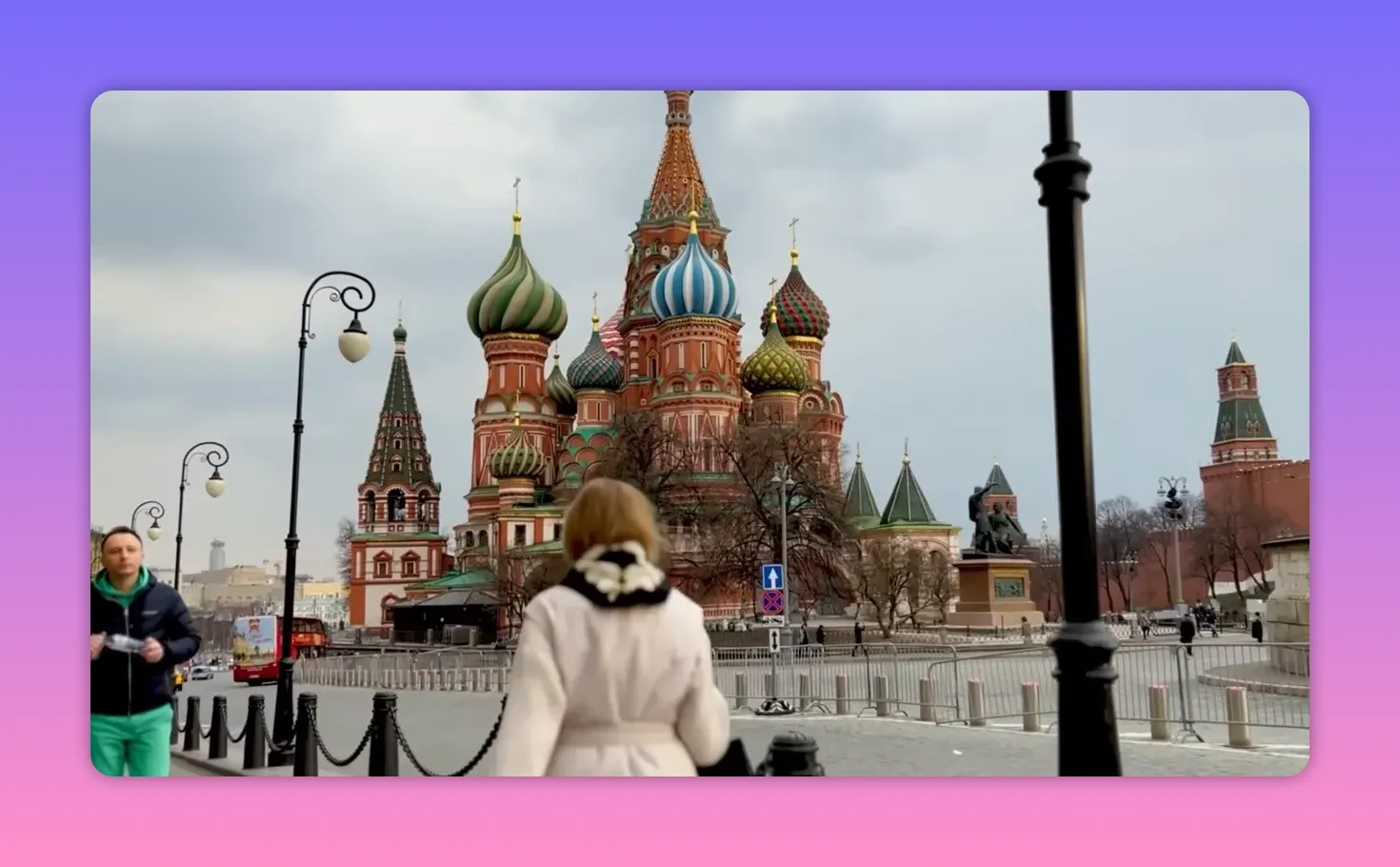 St. Basil's Cathedral and Red Square with a pedestrian in the foreground