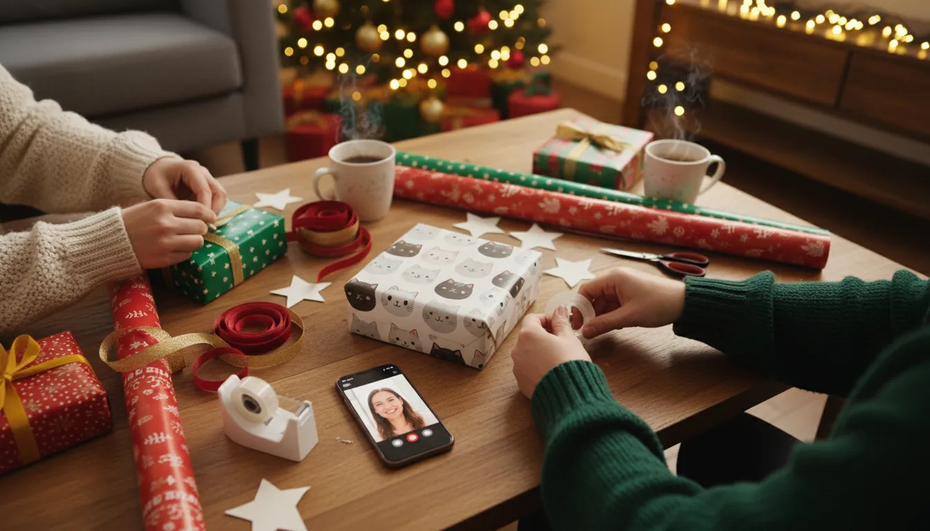 Cozy overhead scene of two friends wrapping Christmas gifts over a FaceTime-style video call, messy table with tape, scissors, and cat-pattern wrapping paper