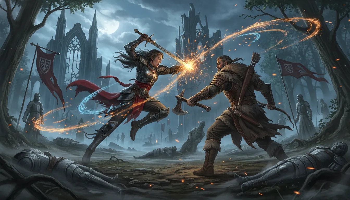 Cinematic scene of a warrior princess and huntsman clashing in a moonlit forest beside a ruined cathedral, steel sparks and swirling magic highlighting the battle