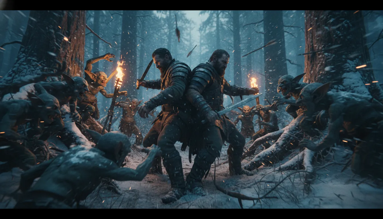 Two warriors ambushed by snarling goblins in a snowy, torchlit forest captured in dynamic cinematic chaos