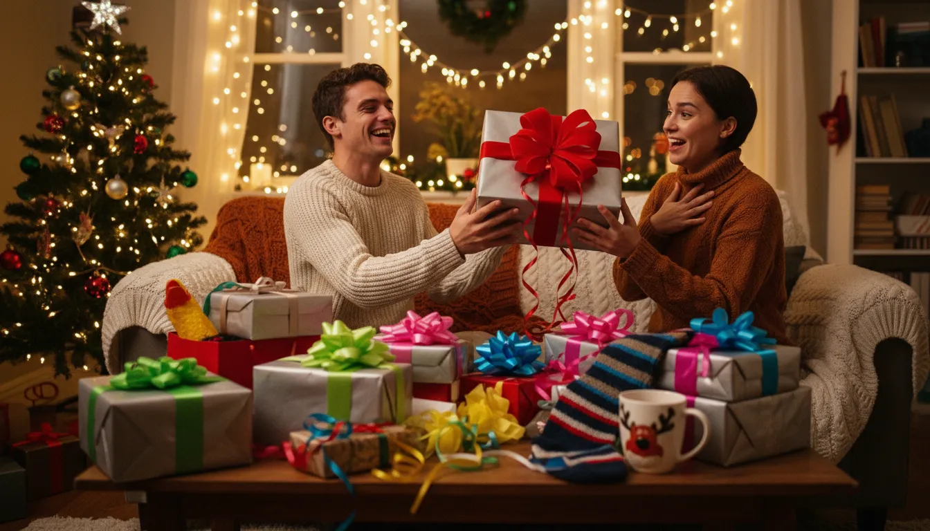 Two housemates exchanging wildly mismatched Secret Santa gifts in a cozy living room, laughing amid excessive wrapping and holiday lights