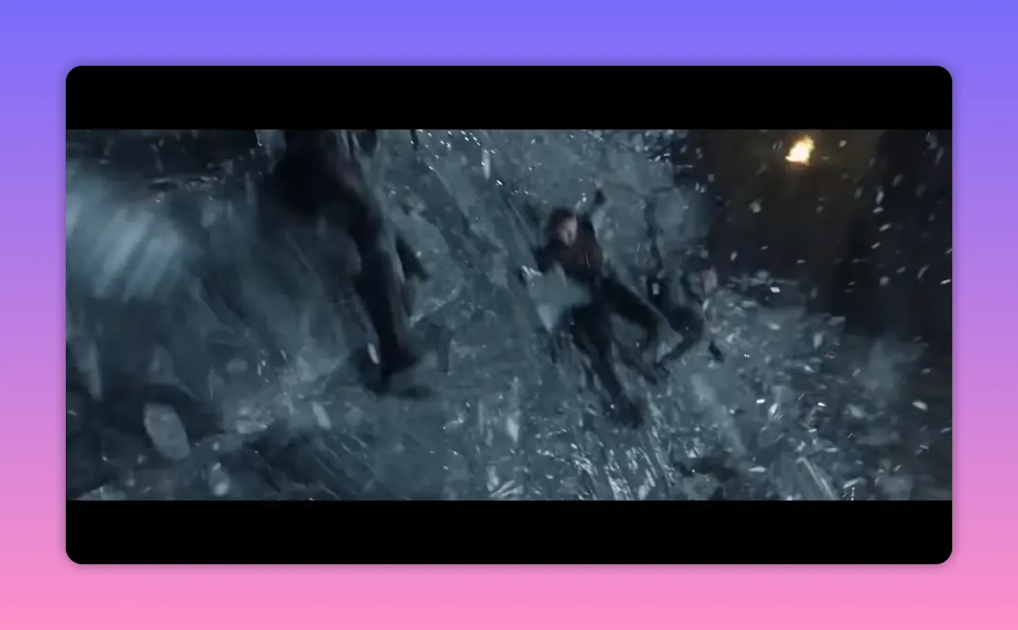 Two combatants tumbling amid flying ice shards and debris in a dim hall, captured mid‑action