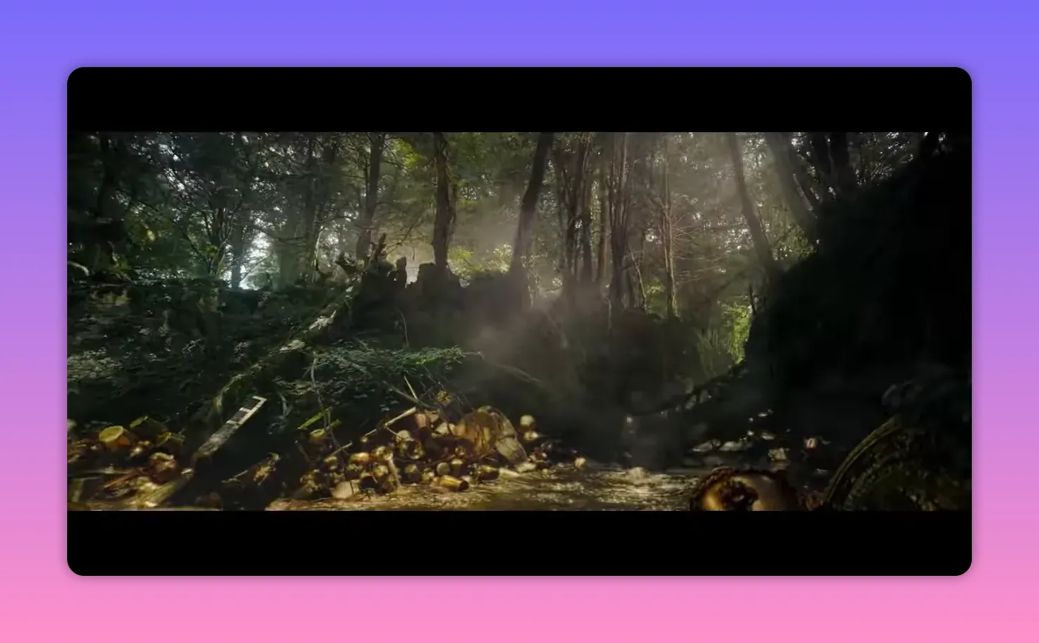 Sunlit forest stream with banks strewn with golden treasure, shields and debris