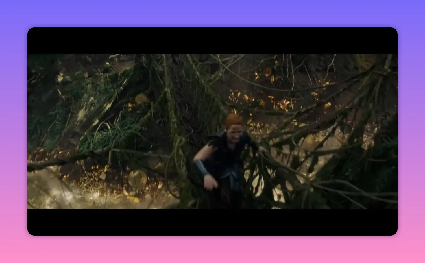 Armored woman climbing tree roots above a river of gold in a forest