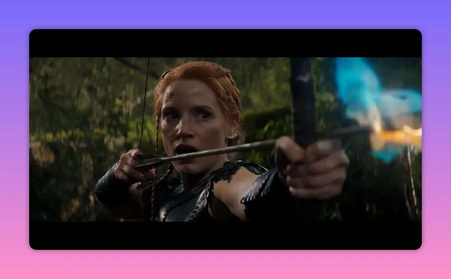 Heroine drawing a bow with a blue-flaming arrow, focused expression in a forest