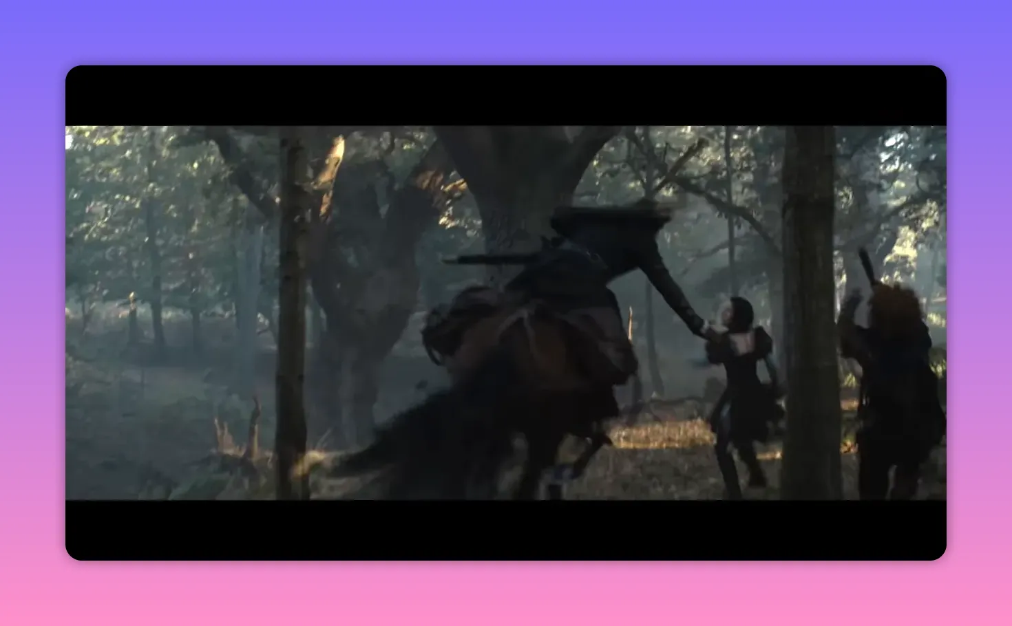 Mounted rider leaping past allies in a sunlit forest skirmish