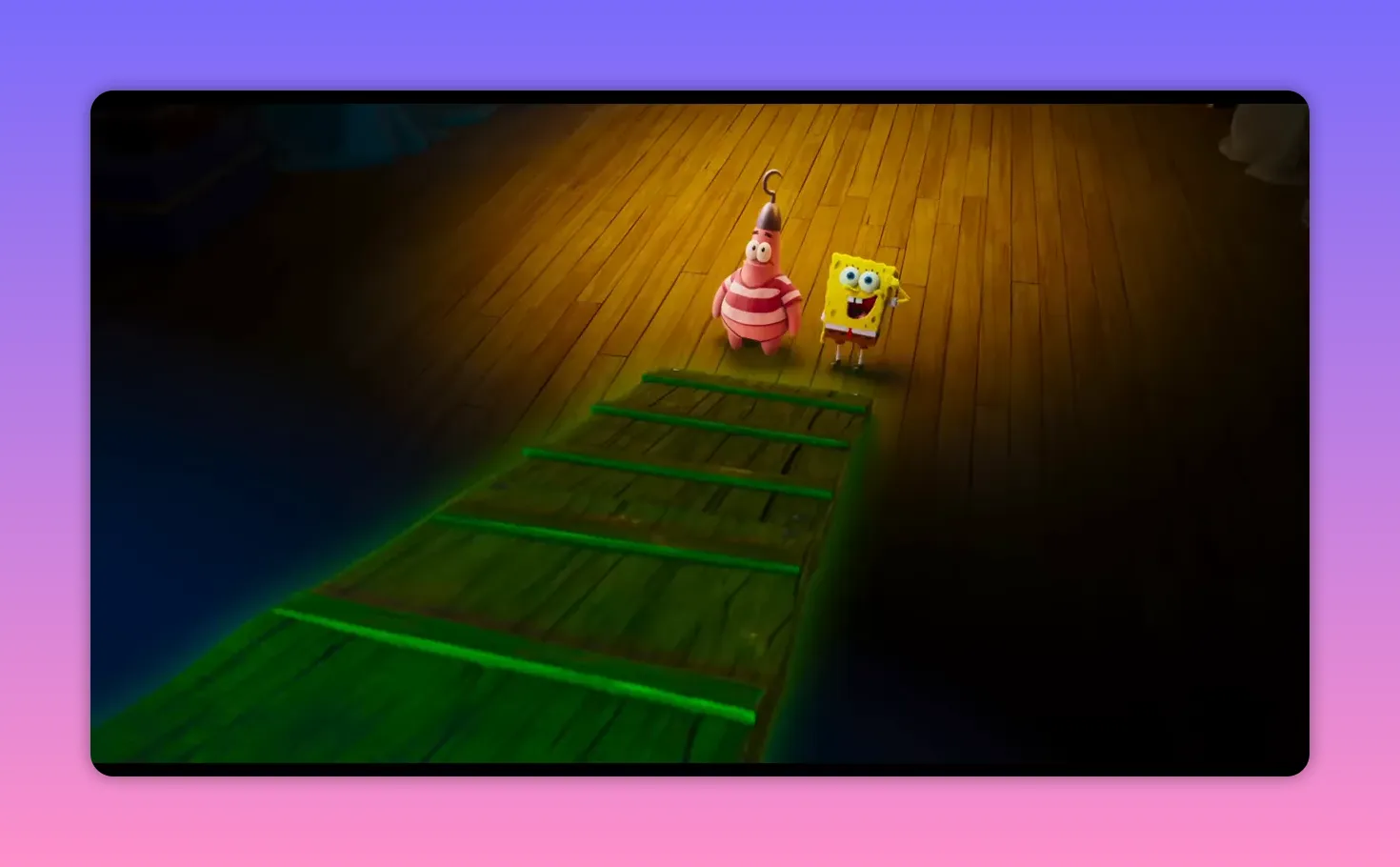 SpongeBob and Patrick side by side at the end of a glowing green plank leading into darkness