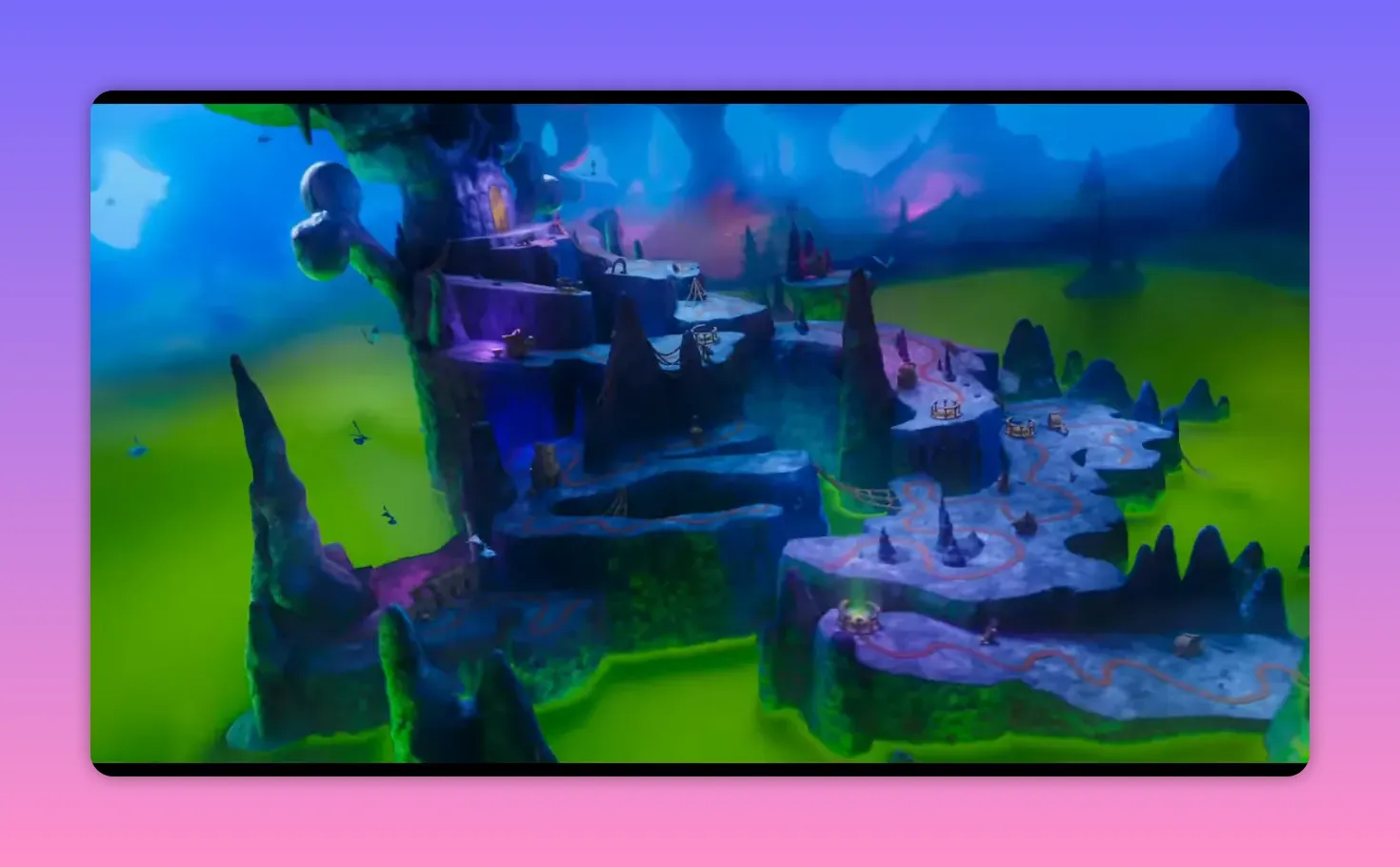 Surreal multi-level undersea landscape with neon green and purple pools and rocky platforms connected by paths