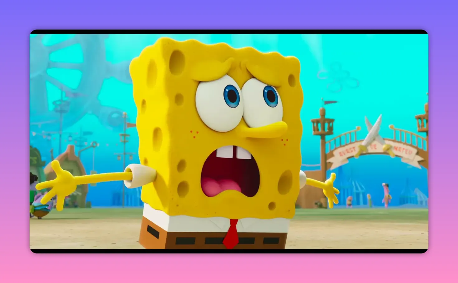 Close-up of SpongeBob looking shocked and worried with arms outstretched in an undersea plaza