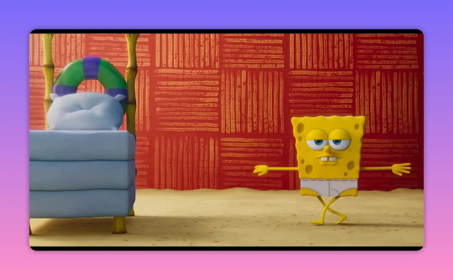 Full-body shot of SpongeBob in his underwear walking confidently in front of a bed.
