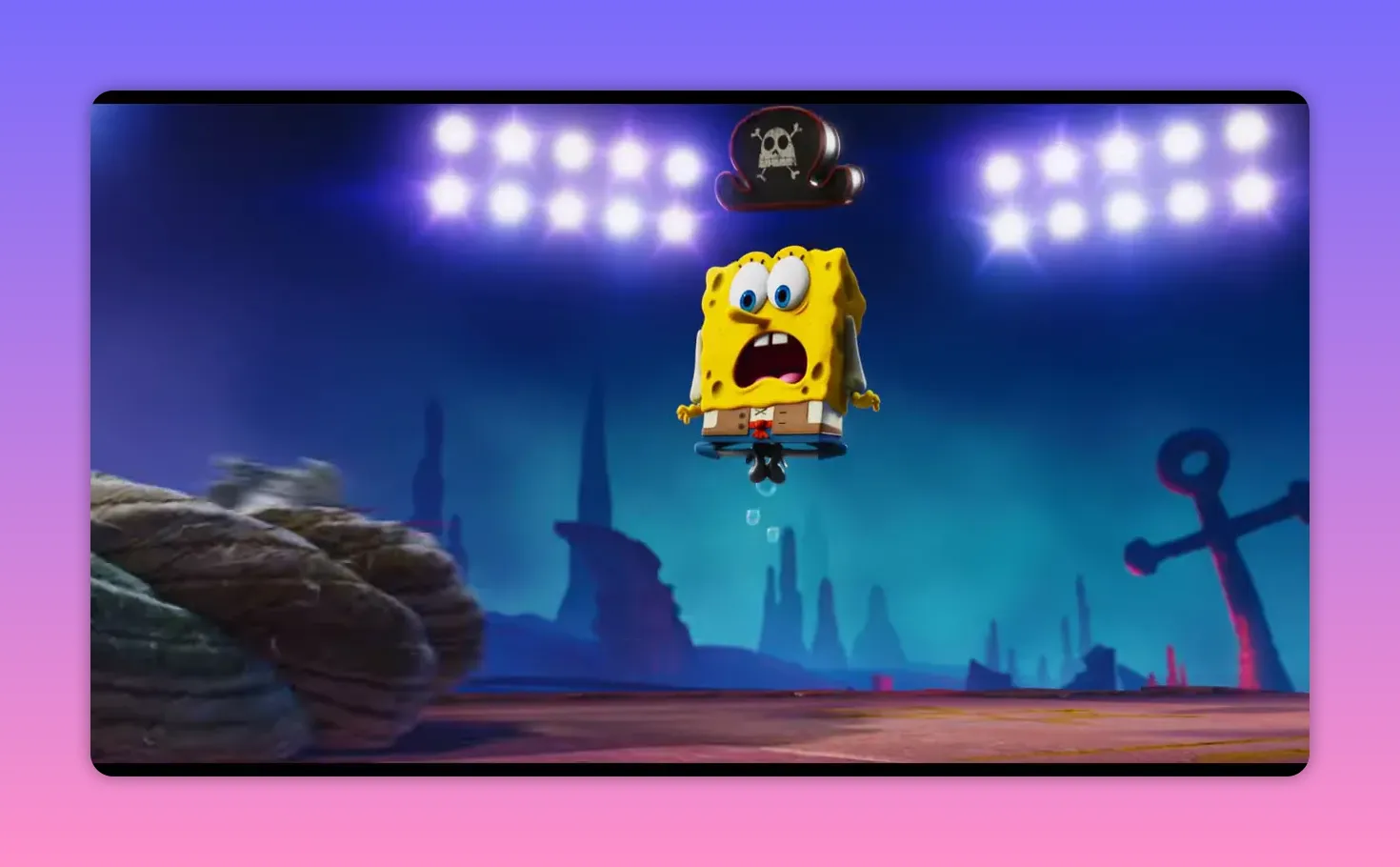 SpongeBob suspended in mid-air under stadium lights looking surprised