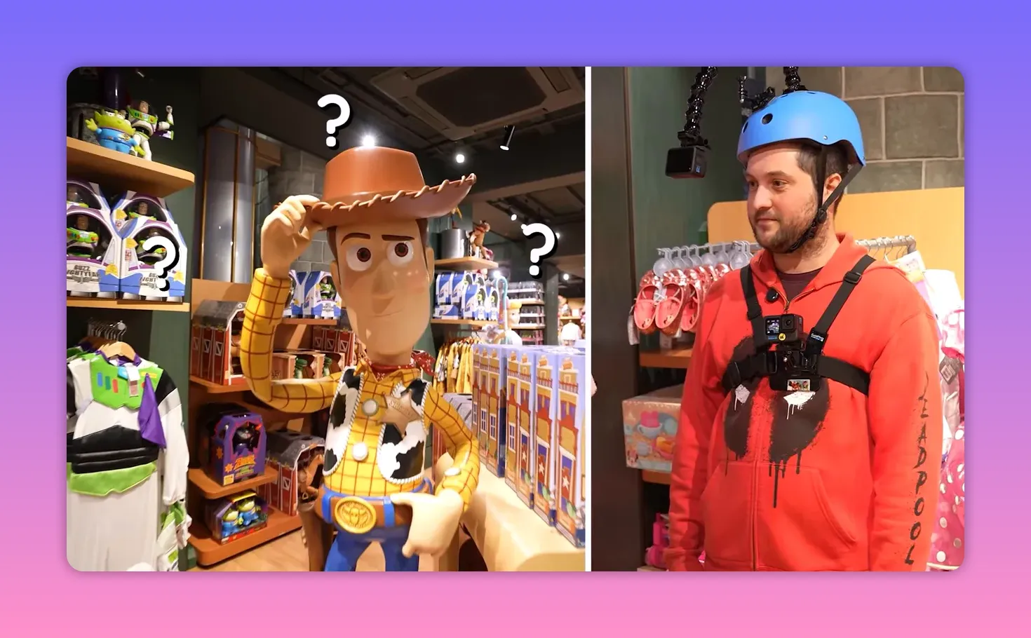 Woody statue with question marks next to a contestant wearing a helmet in a Disney Store