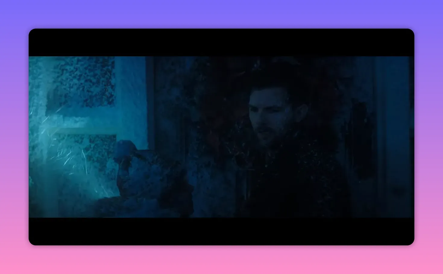 Man at a frosted, snow-covered front door as an attempted exit is blocked