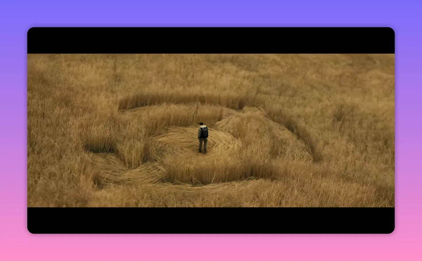 Person standing at the center of a circular crop formation in a golden field