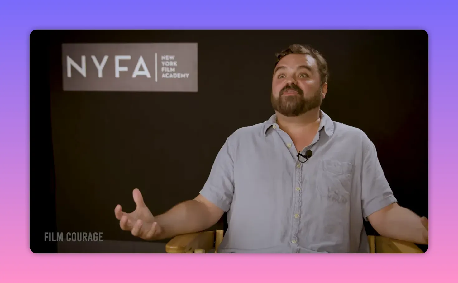 Interviewee with wide-eyed, animated expression and open hands against NYFA backdrop