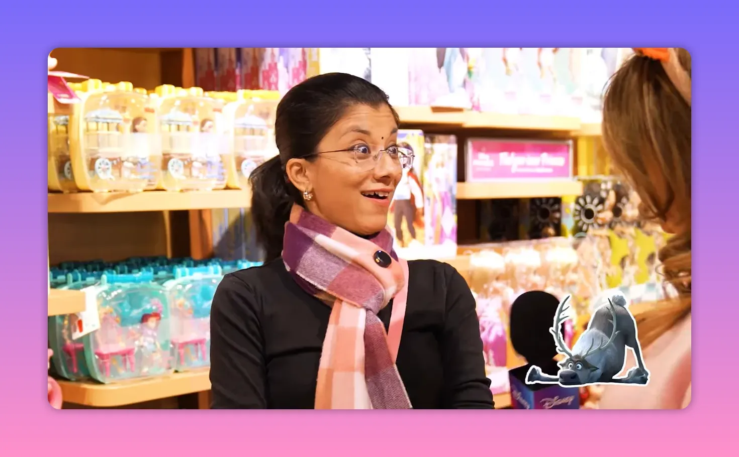 Shopper looking surprised and delighted while being asked a Disney quiz question in a store