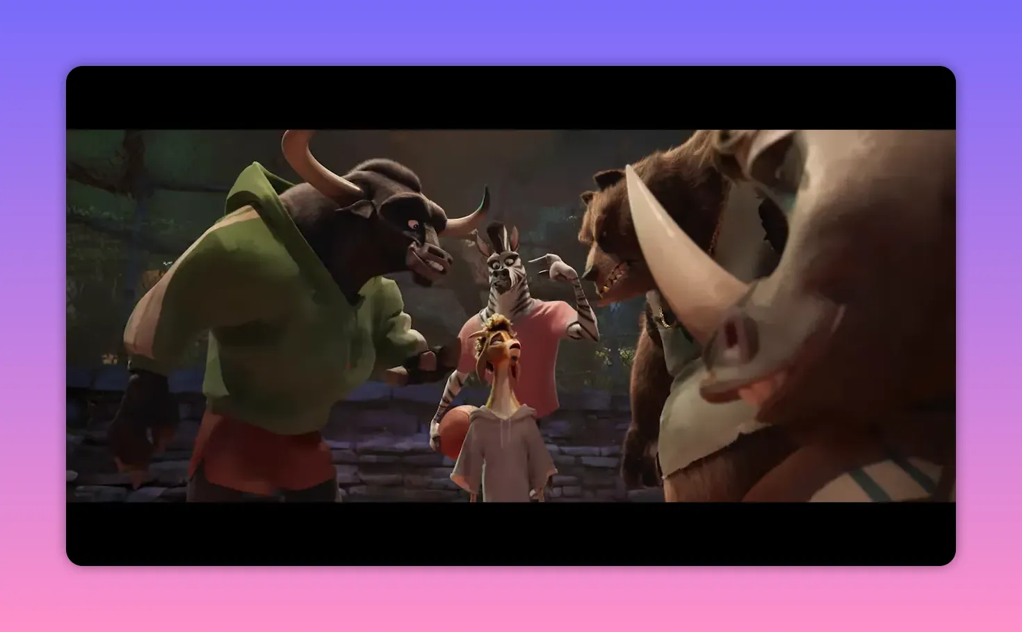 Small animated goat (Will) surrounded and confronted by much larger animal players