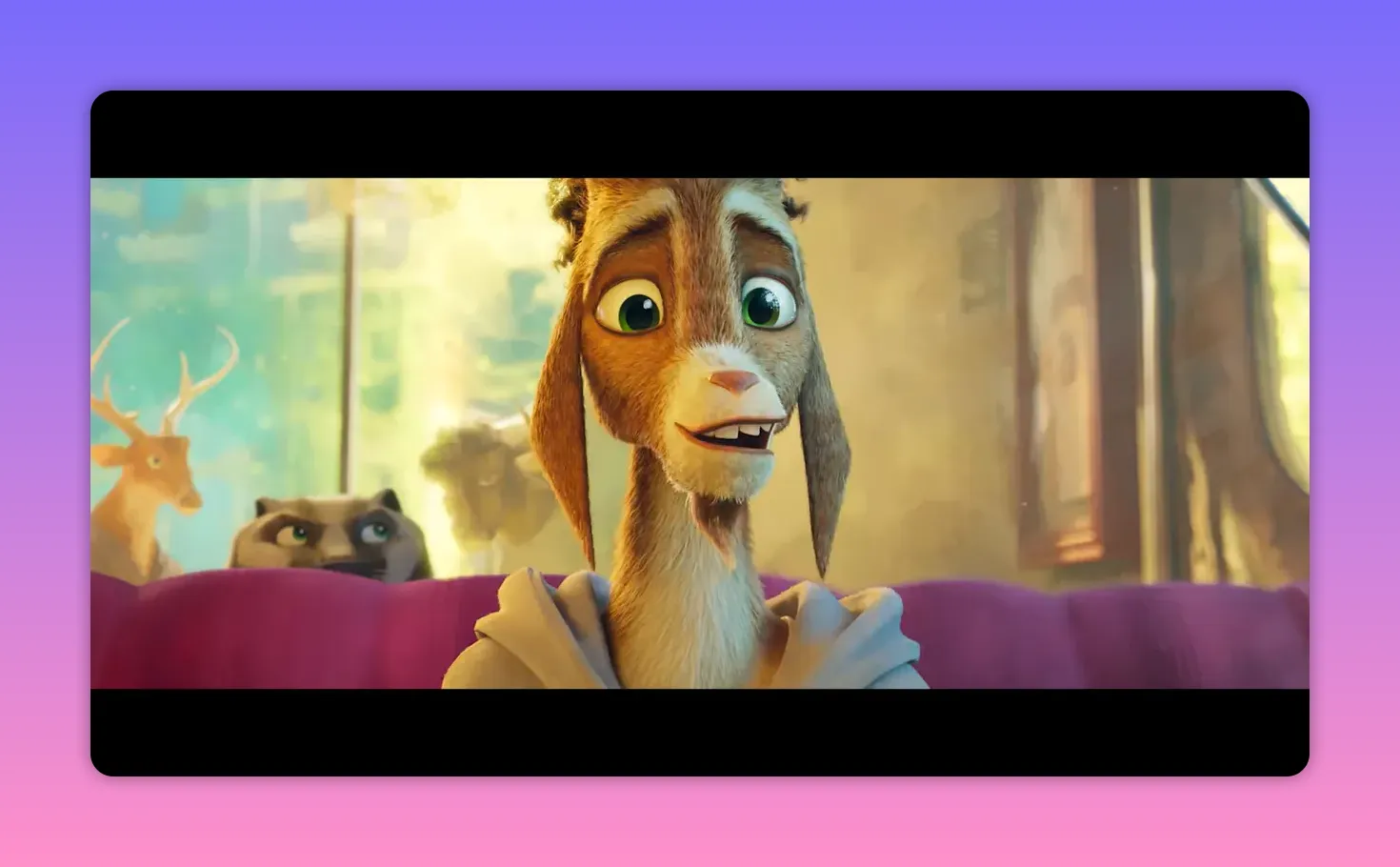 Close-up of Will the goat smiling with expressive green eyes and a playful expression