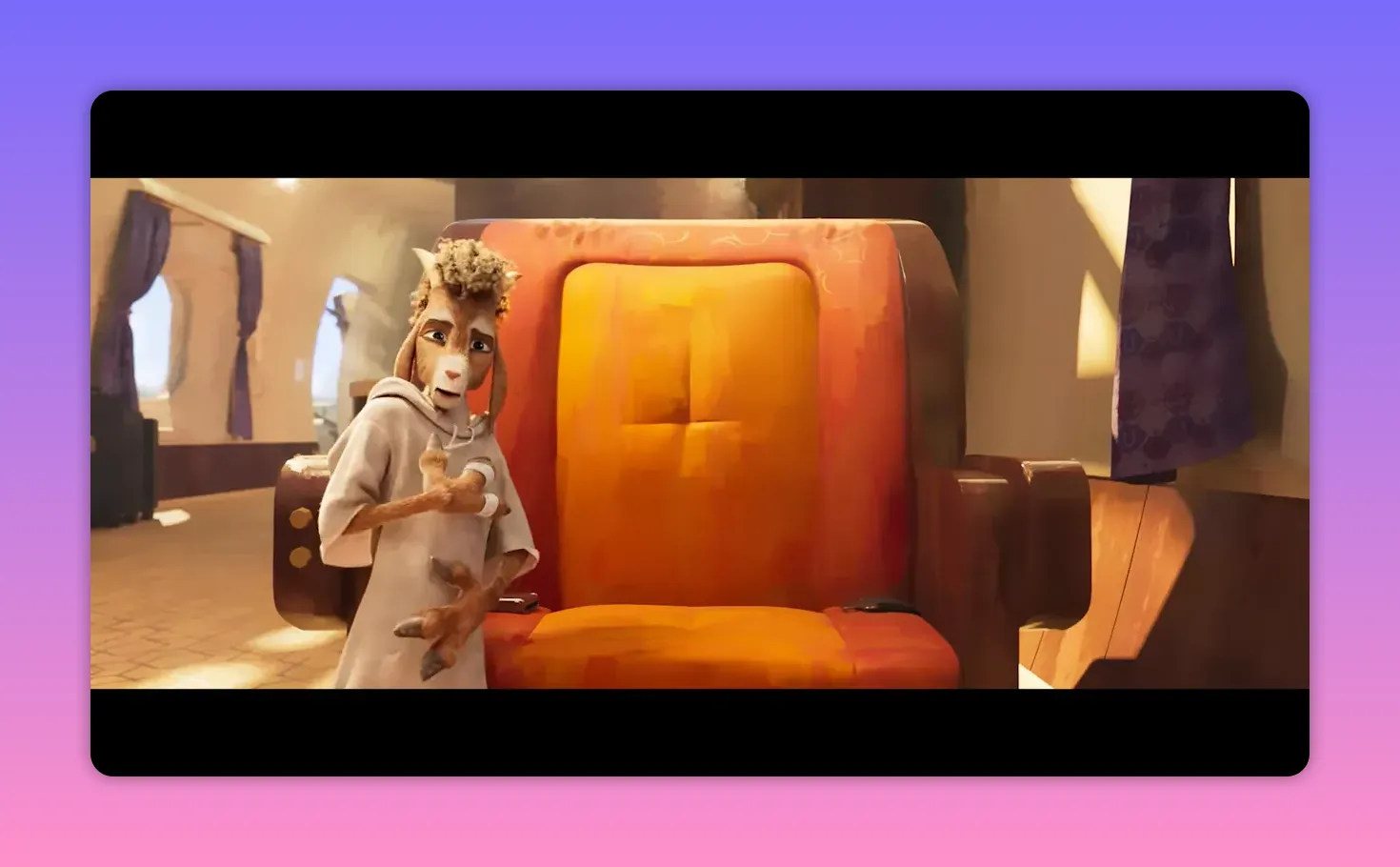 Will the small goat standing beside an oversized airplane seat, gesturing with a nervous expression