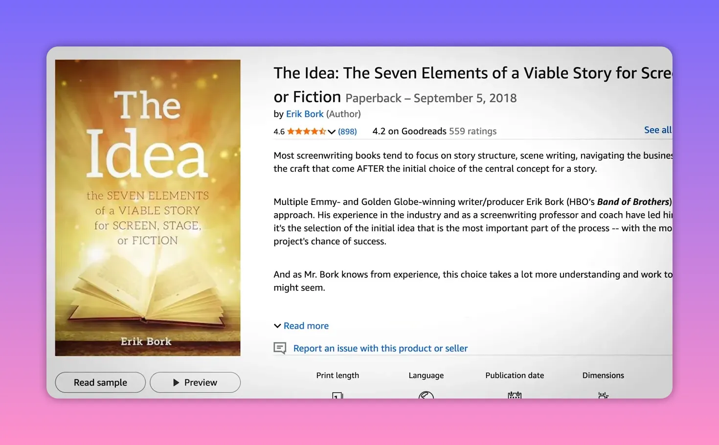 Book product page showing the cover of 'The Idea: The Seven Elements of a Viable Story' with text description