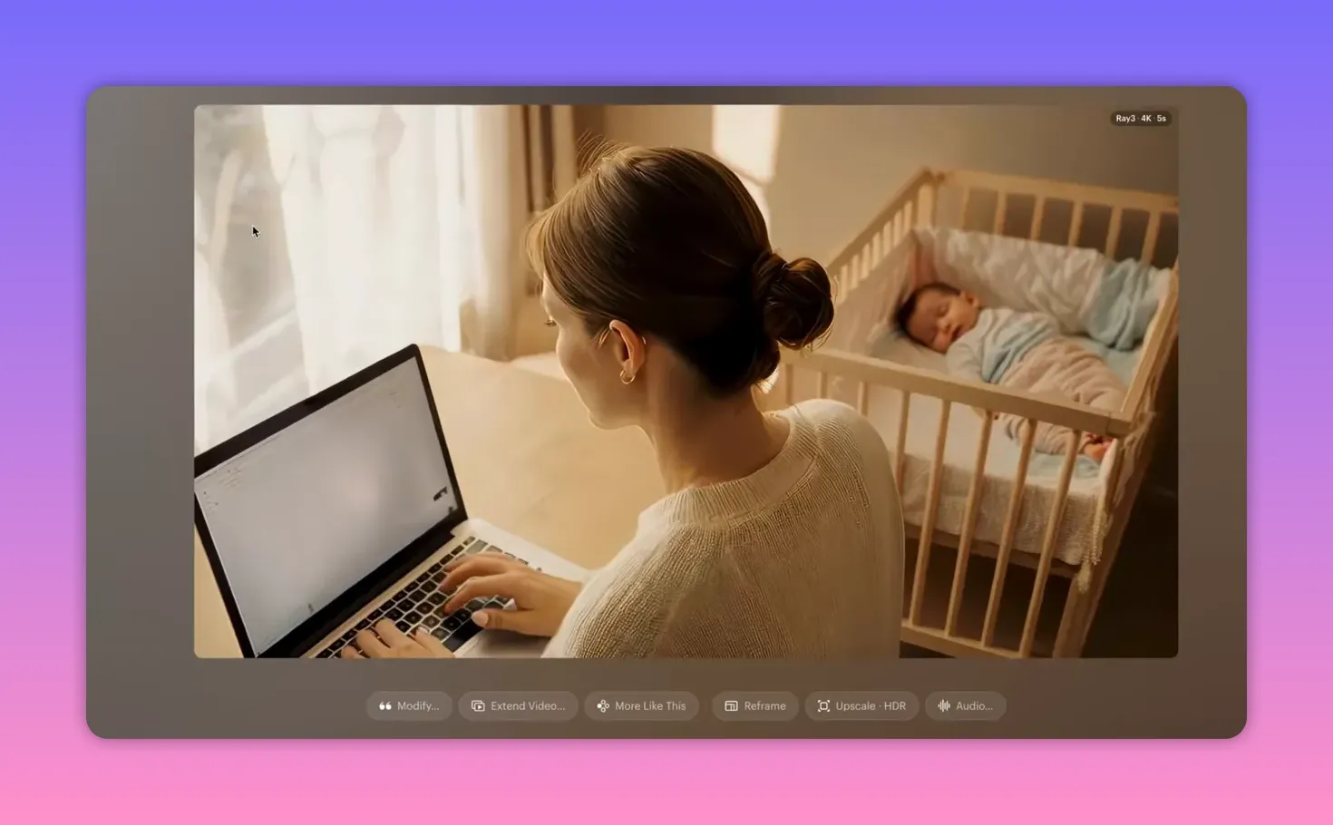 Person working on a laptop next to a sleeping baby in a crib &mdash; example B-roll for directed AI edits.