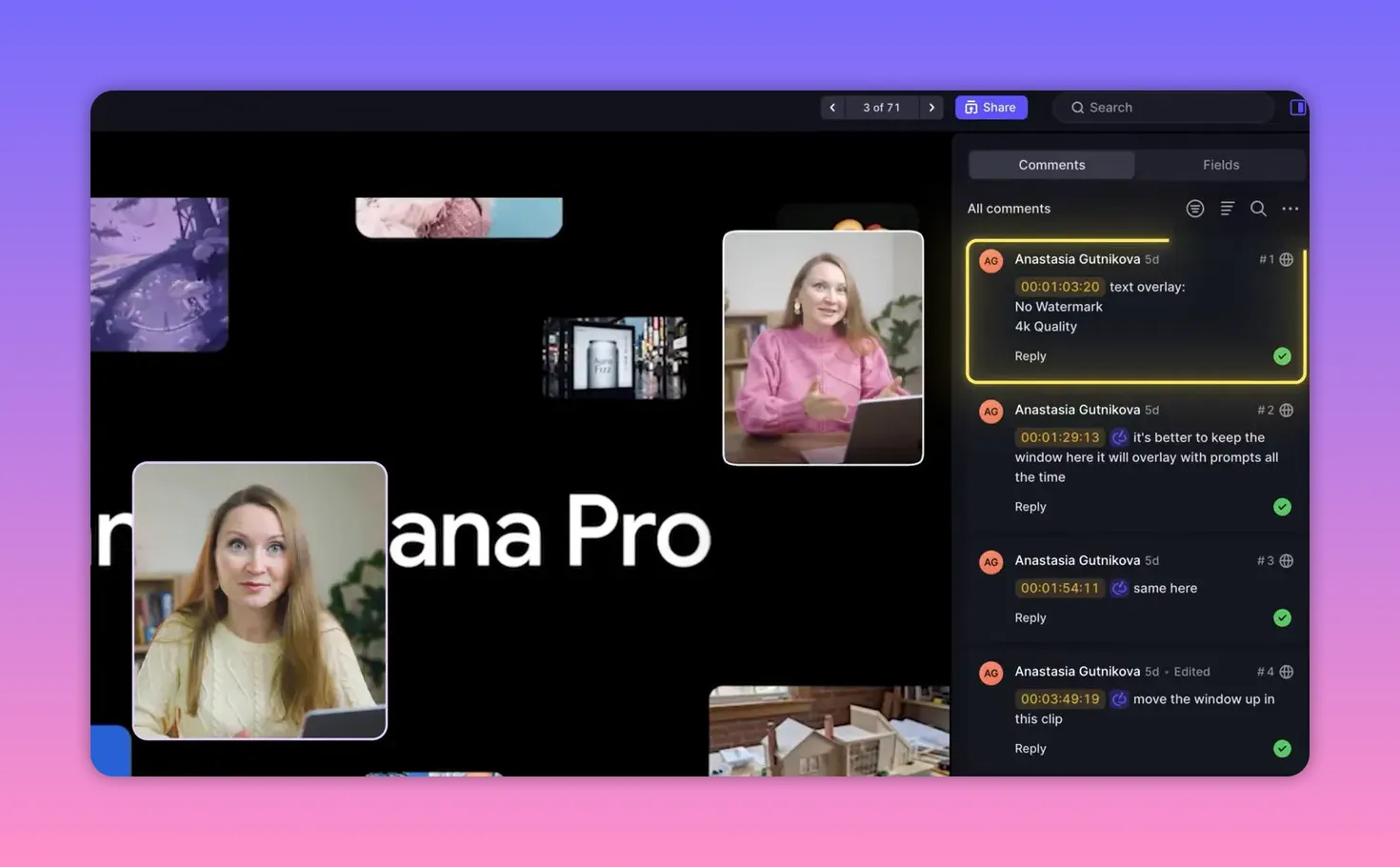 Close-up of a video review tool showing timestamped comments in a sidebar and a presenter inset video.