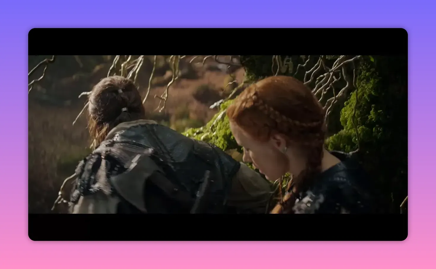 Two protagonists pressing past a mossy tree, one moving ahead while the other follows closely.