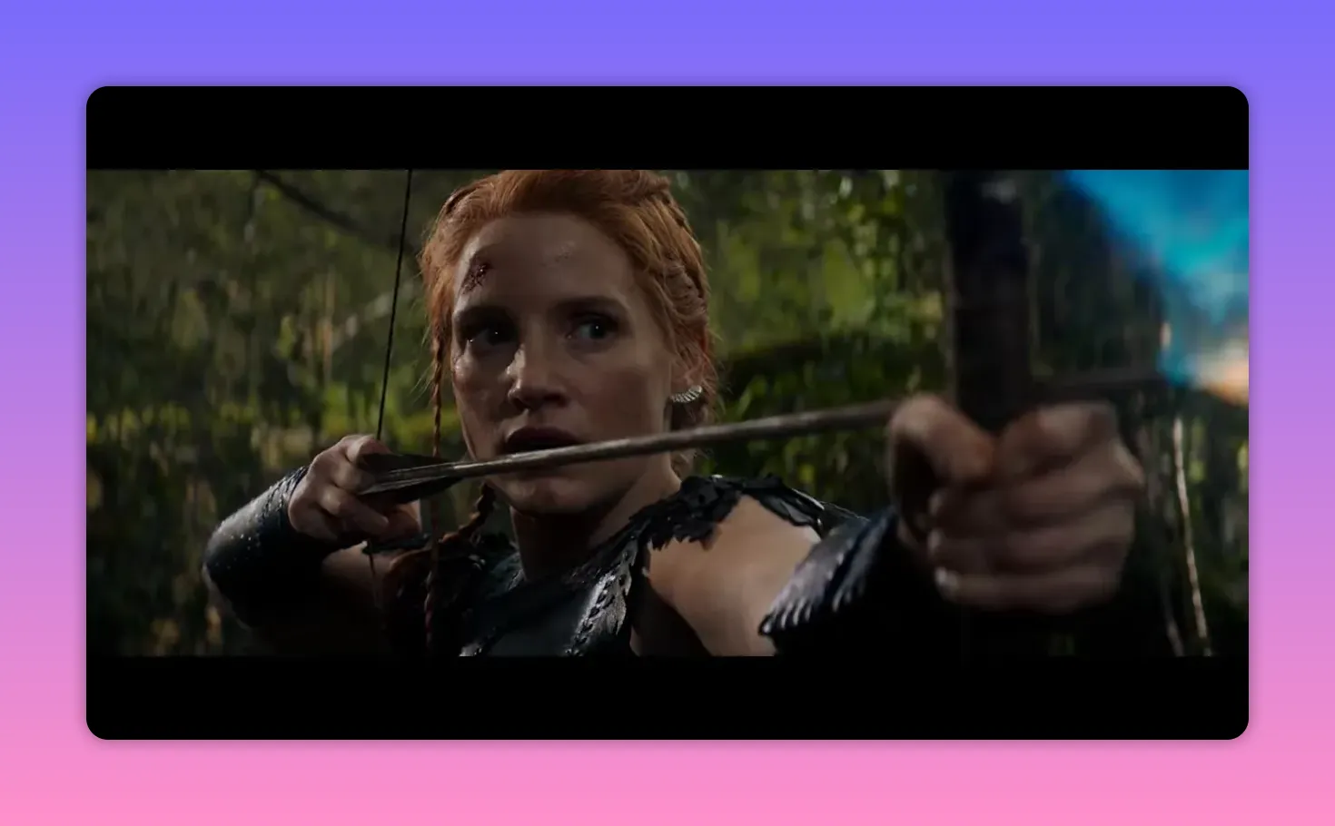 Close, high‑quality shot of a red‑haired archer pulling a bowstring with a blue‑flamed arrow, focused and ready to fire.