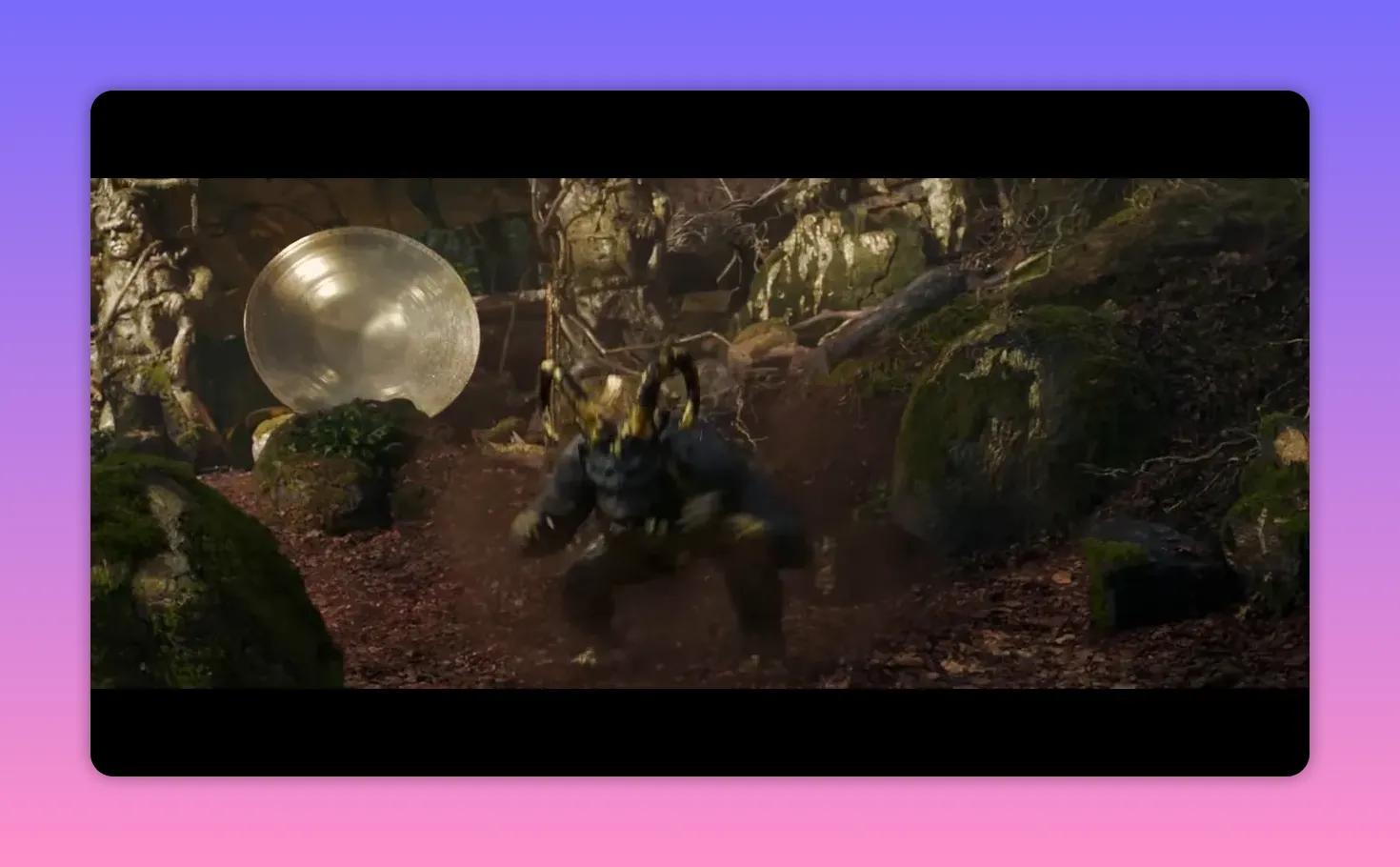 Goblin charging forward in a forest clearing with a large reflective mirror behind